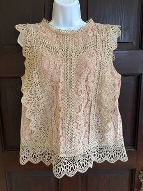 Anthropologie Eri + Ali Lace Overlay Sleeveless Top in Cream and Pink Small